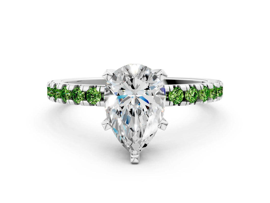 Platinum Pear Cut Diamond Solitaire Ring with Round with Peridot side stone Pavé Band and Four-Prong Setting_12