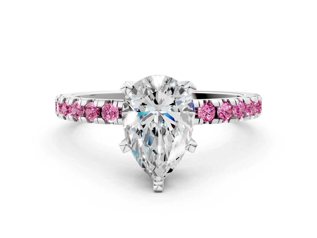 Platinum Pear Cut Diamond Solitaire Ring with Round with Pink Sapphire side stone Pavé Band and Four-Prong Setting_12