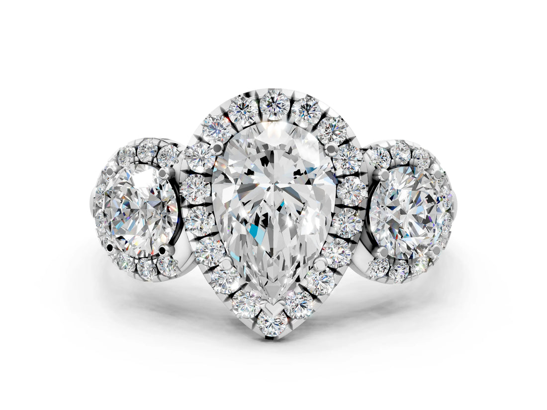 Platinum Pear Cut Diamond Three-Stone Halo Ring with Prong Setting and Pavé Accents_13