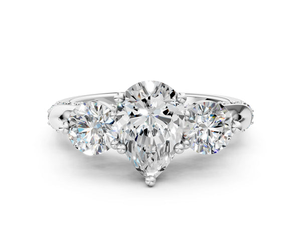 Platinum Pear-Shaped Curved Pave Three Stone Engagement Ring Setting
