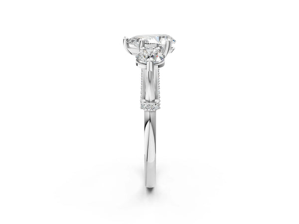 Platinum Pear-Shaped Curved Pave Three Stone Engagement Ring Setting
