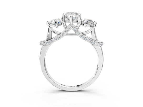 Platinum Pear-Shaped Curved Pave Three Stone Engagement Ring Setting