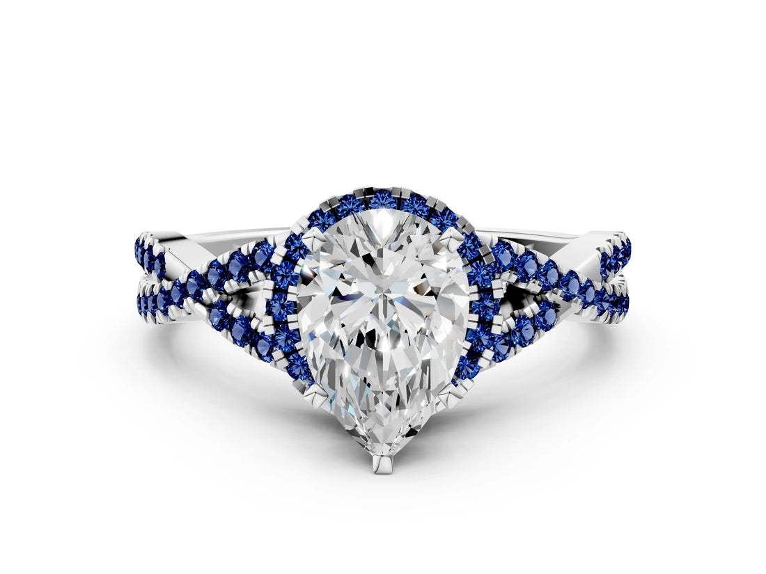 Platinum Pear Cut Diamond with Blue Sapphire side stone Halo Twist Band Solitaire Prong Setting Ring