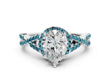 Platinum Pear Cut Diamond with Blue Topaz side stone Halo Twist Band Solitaire Prong Setting Ring