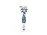 Platinum Pear Cut Diamond with Blue Topaz side stone Halo Twist Band Solitaire Prong Setting Ring_2