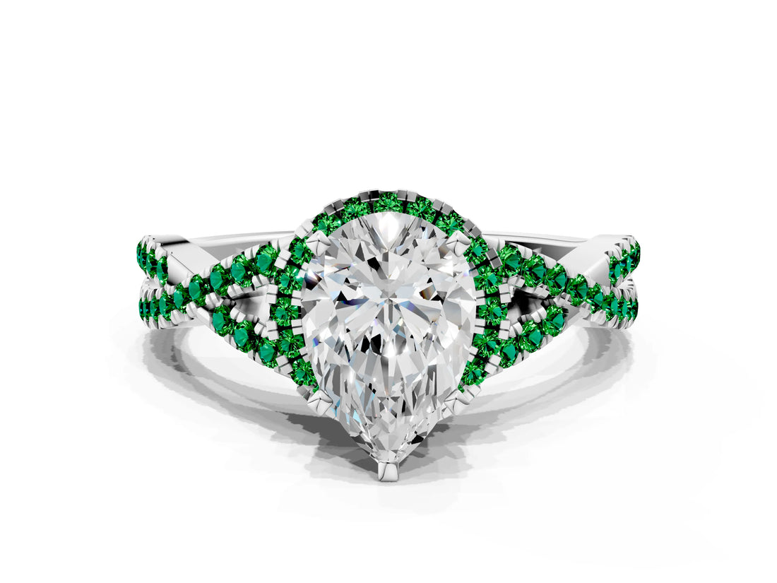 Platinum Pear Cut Diamond with Emerald side stone Halo Twist Band Solitaire Prong Setting Ring