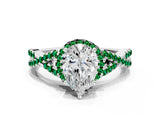 Platinum Pear Cut Diamond with Emerald side stone Halo Twist Band Solitaire Prong Setting Ring