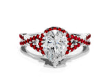 Platinum Pear Cut Diamond with Ruby side stone Halo Twist Band Solitaire Prong Setting Ring