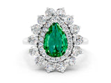 Platinum Pear Cut Emerald Floral Double Halo Engagement Ring with Prong Setting_182