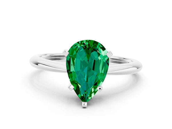 Platinum Pear-Shaped Lab-Grown Emerald Solitaire Engagement Ring with Thin Plain Band