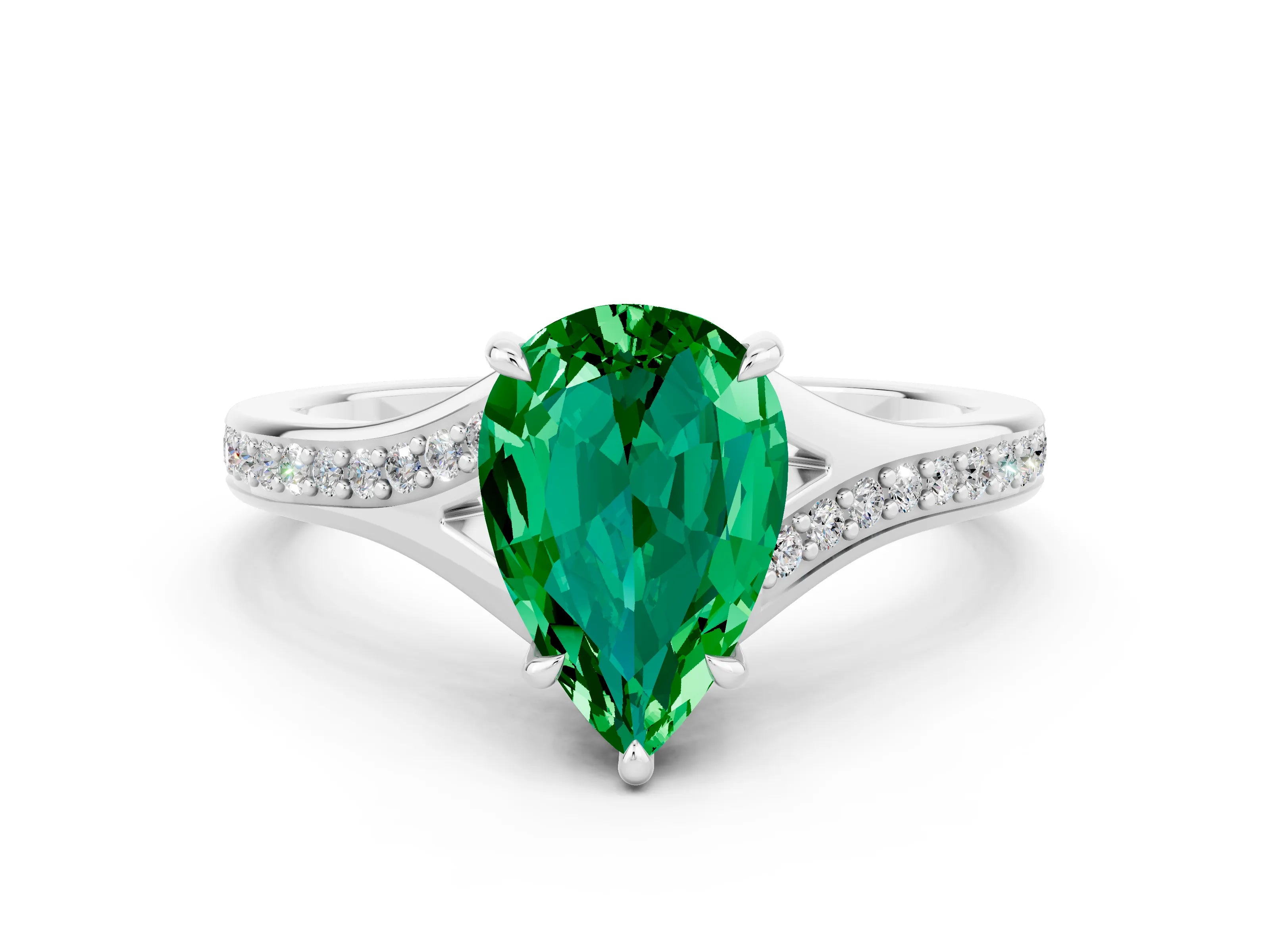 Platinum Pear Cut Emerald Solitaire Ring with Pavé Band and Prong Setting_12