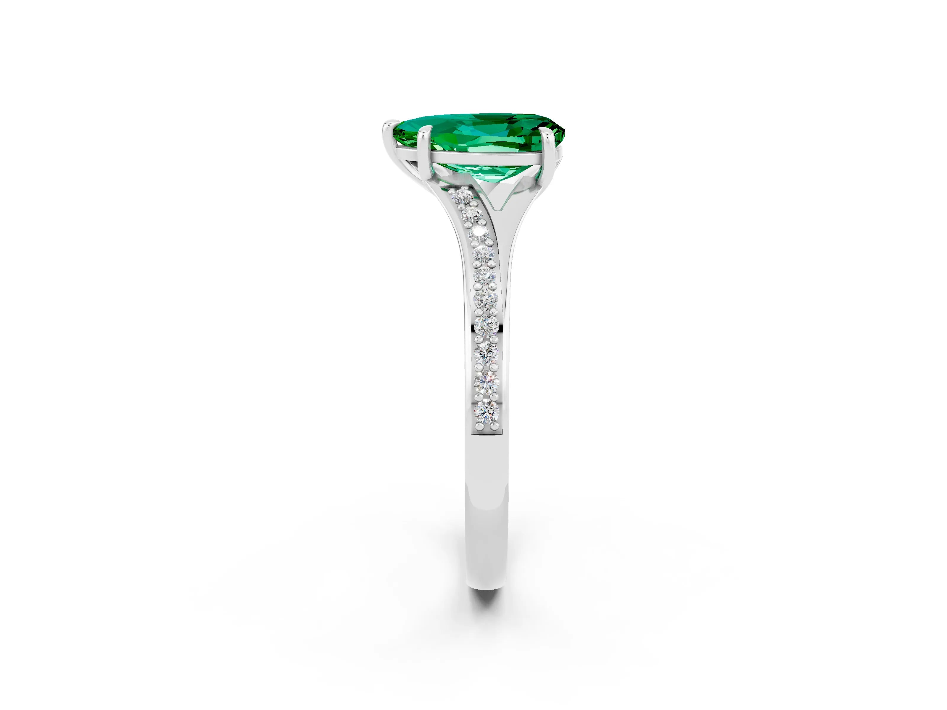 Platinum Pear Cut Emerald Solitaire Ring with Pavé Band and Prong Setting_14