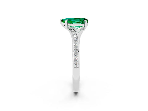 Platinum Pear Cut Emerald Solitaire Ring with Pavé Band and Prong Setting_14