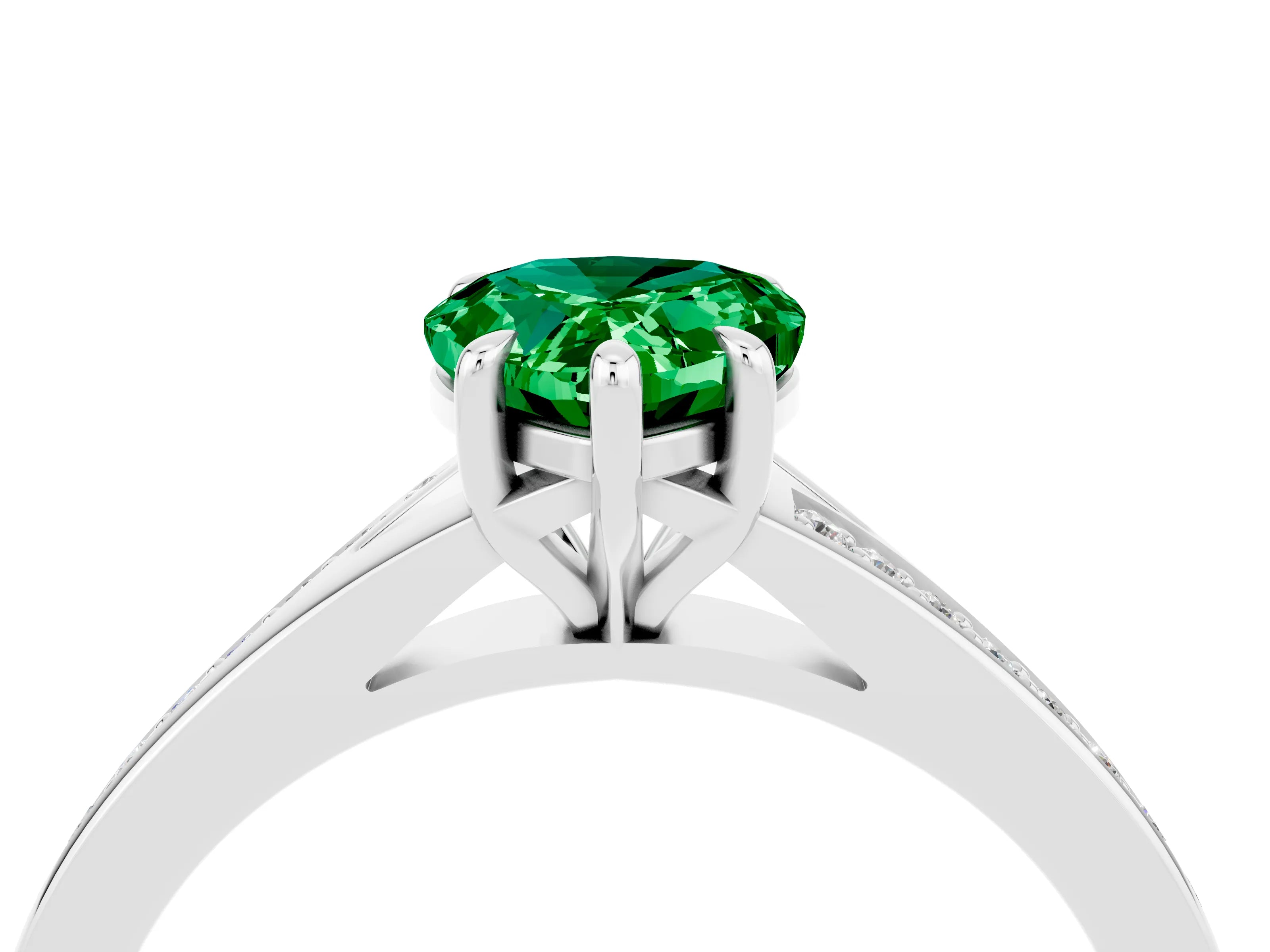 Platinum Pear Cut Emerald Solitaire Ring with Pavé Band and Prong Setting_16
