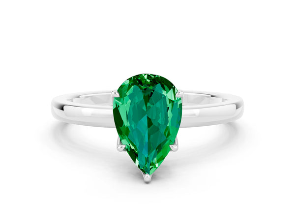 Platinum Pear-Shaped Lab-Grown Emerald Solitaire Engagement Ring with Thin Band