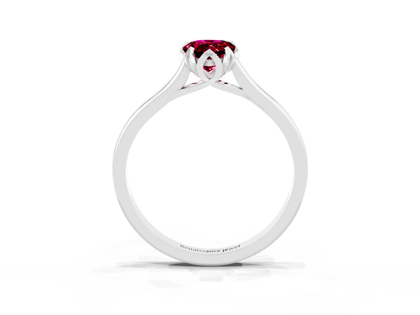 Platinum Pear-Shaped Garnet Floral Solitaire Engagement Ring with Flower Prong Head and Plain Band