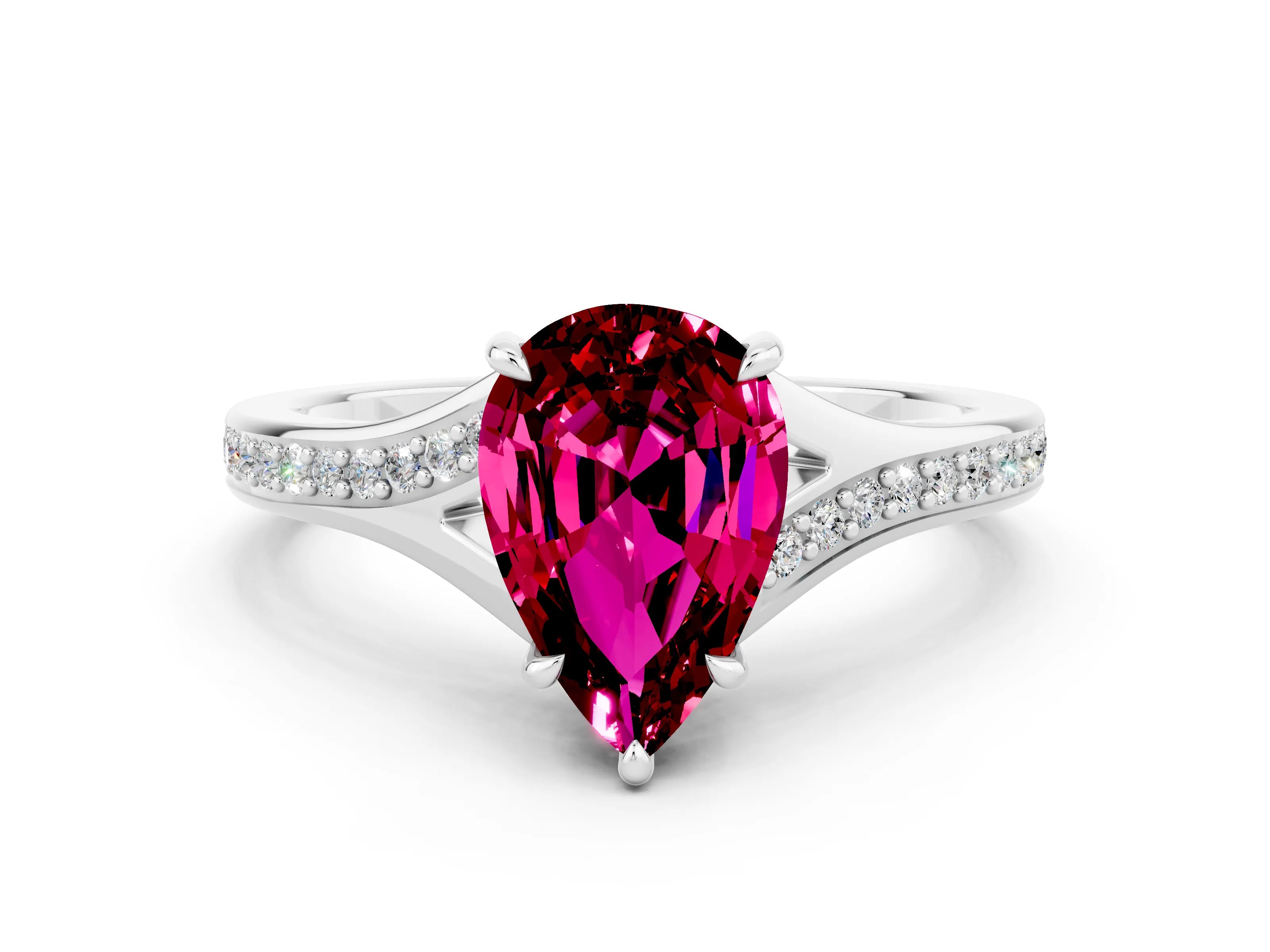 Platinum Pear Cut Garnet Solitaire Ring with Pavé Band and Prong Setting_12