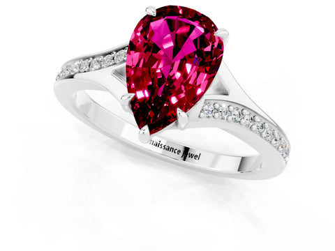 Platinum Pear Cut Garnet Solitaire Ring with Pavé Band and Prong Setting_13