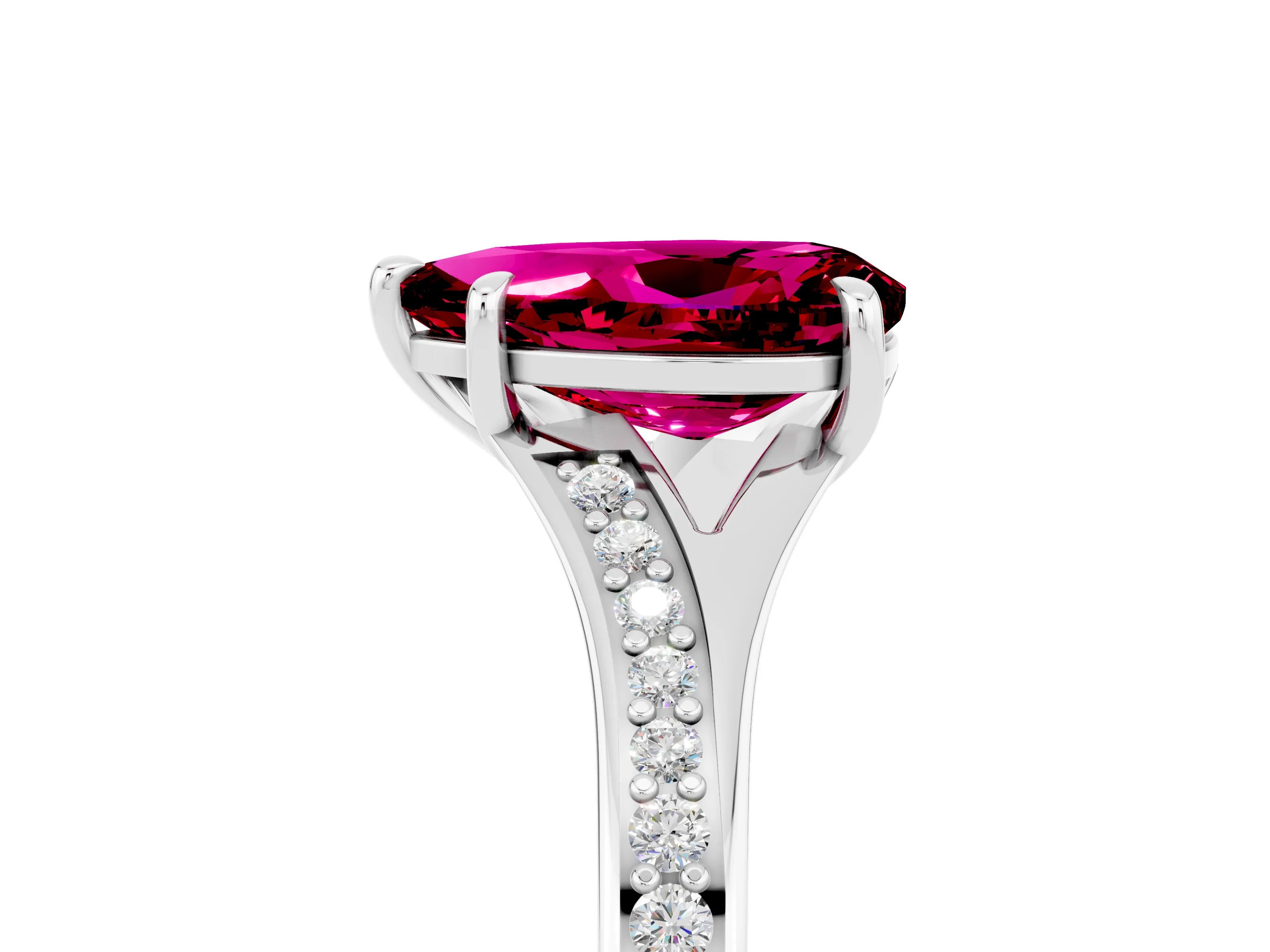 Platinum Pear Cut Garnet Solitaire Ring with Pavé Band and Prong Setting_17