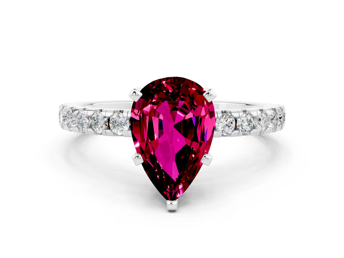 Platinum Pear Cut Garnet Solitaire Ring with Round  Pavé Band and Four-Prong Setting_36