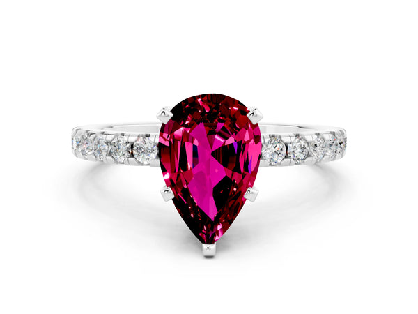 Platinum Pear Cut Garnet Solitaire Ring with Round Pavé Band and Four-Prong Setting