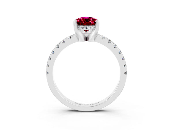 Platinum Pear Cut Garnet Solitaire Ring with Round Pavé Band and Four-Prong Setting