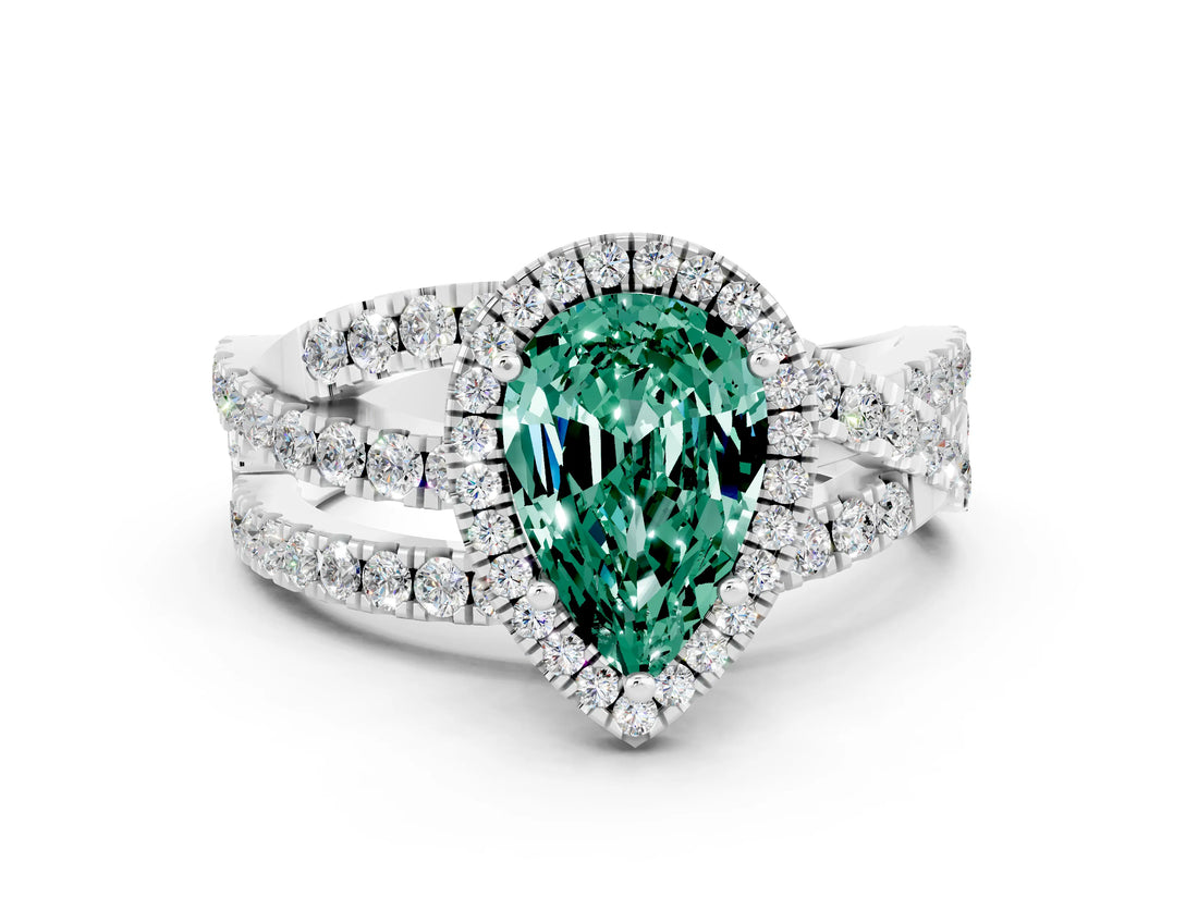 Platinum Pear Cut Green Sapphire Halo Ring with Round Split Shank and Prong Setting_67