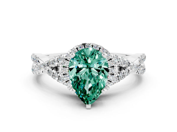 Platinum Pear Cut Green Sapphire  Halo Twist Band Solitaire Prong Setting Ring