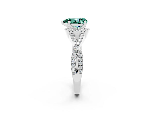 Platinum Pear Cut Green Sapphire  Halo Twist Band Solitaire Prong Setting Ring