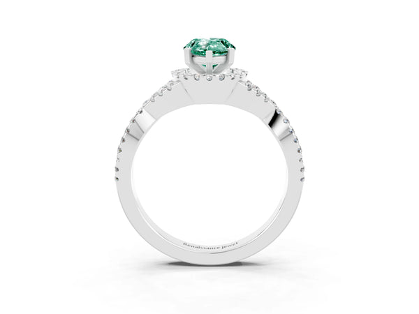 Platinum Pear Cut Green Sapphire  Halo Twist Band Solitaire Prong Setting Ring