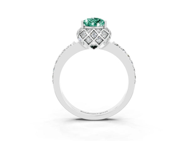Platinum Pear Cut Green Sapphire Scalloped Halo Engagement Ring with Round Shared Prong Band