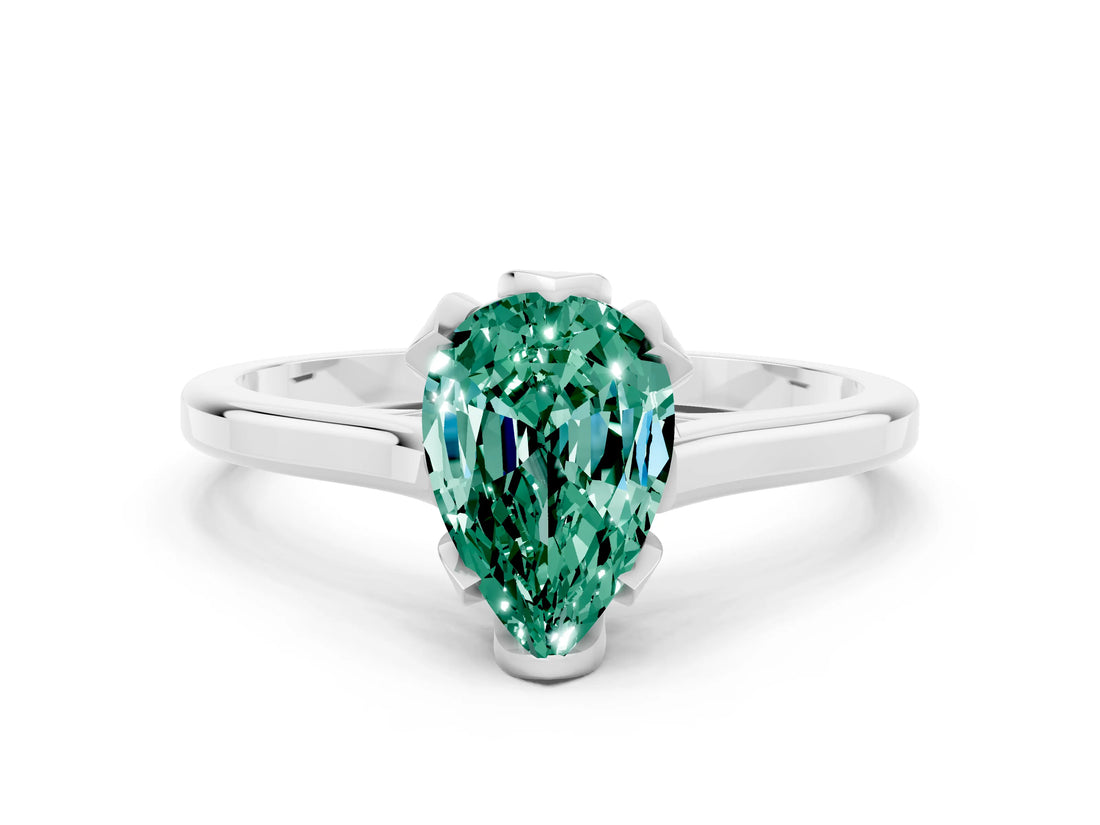 Platinum Pear Cut Green Sapphire Solitaire Ring with Flower Prong Setting and Classic Band_12