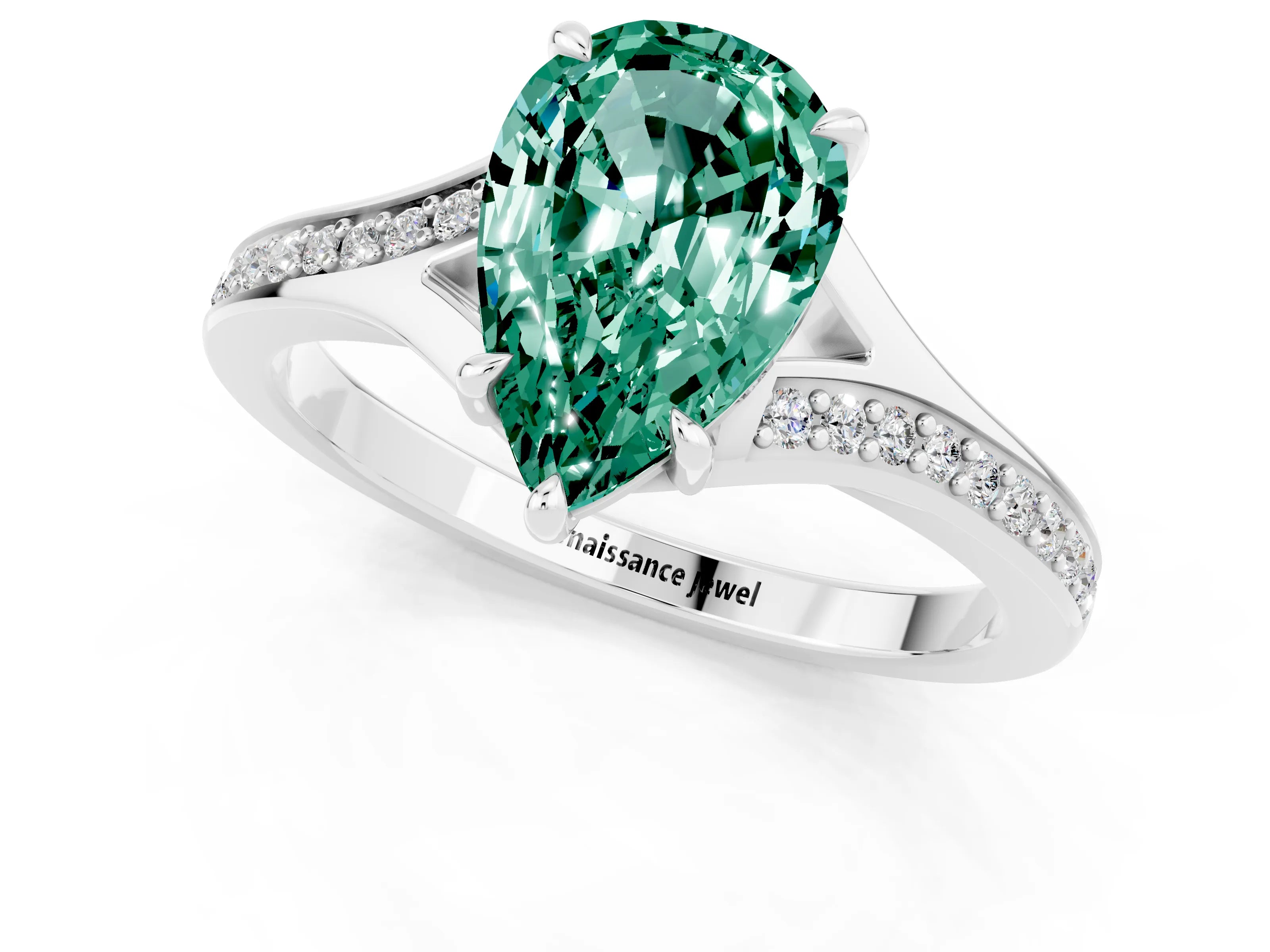 Platinum Pear Cut Green Sapphire Solitaire Ring with Pavé Band and Prong Setting_13