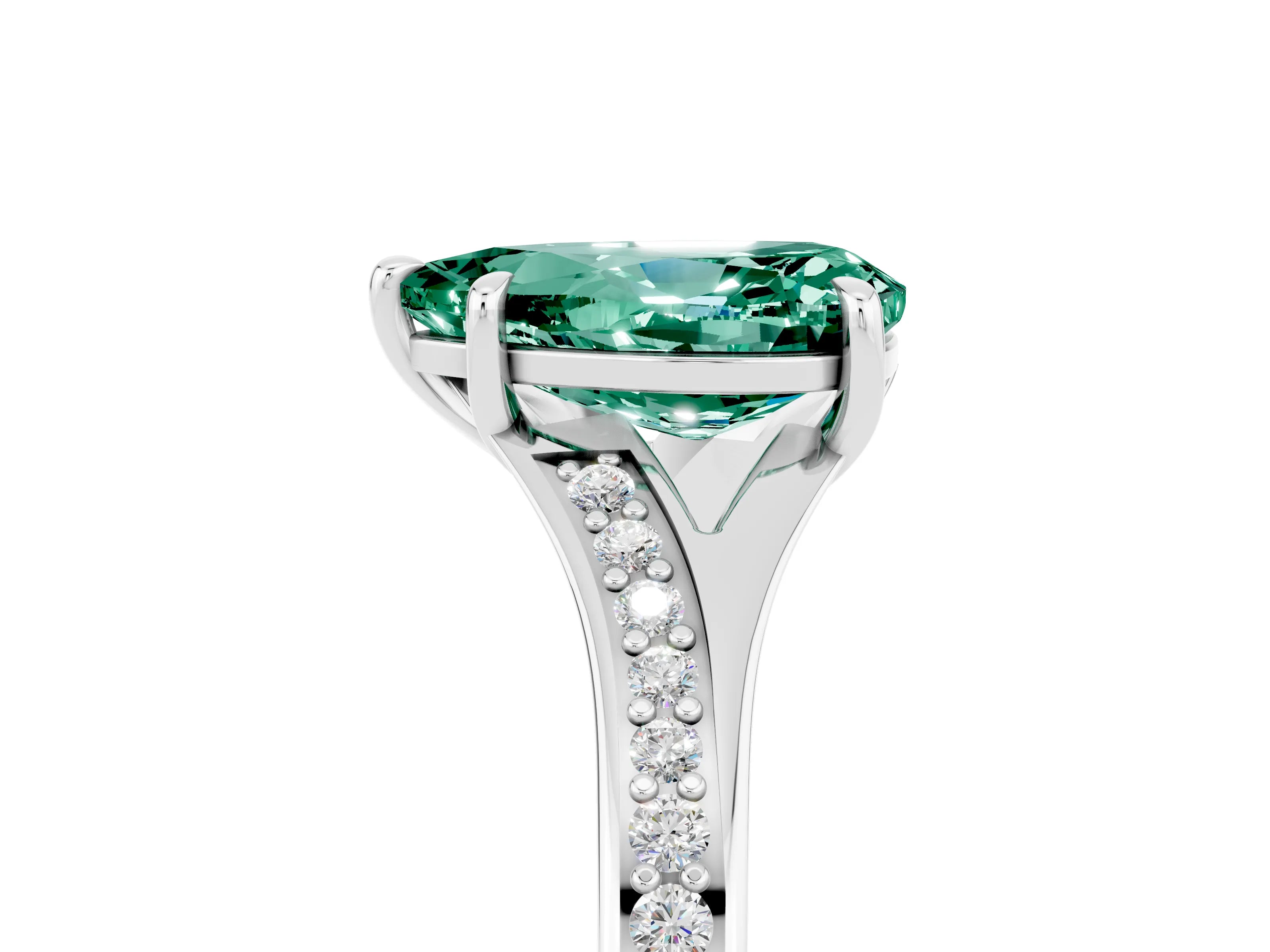 Platinum Pear Cut Green Sapphire Solitaire Ring with Pavé Band and Prong Setting_17