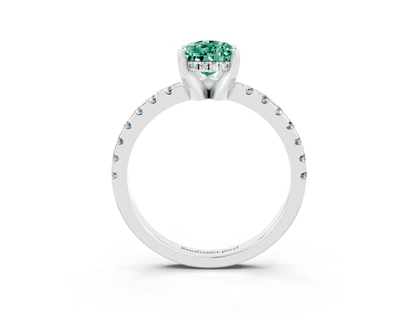 Platinum Pear Cut Green Sapphire Solitaire Ring with Round Pavé Band and Four-Prong Setting