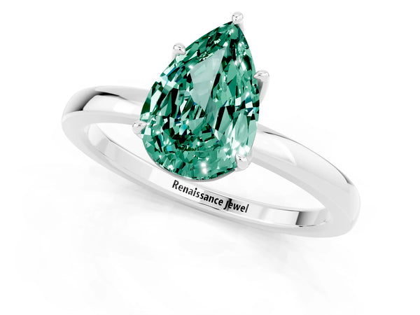 Platinum Pear Cut Green Sapphire Solitaire Ring with Thin Band and Prong Setting