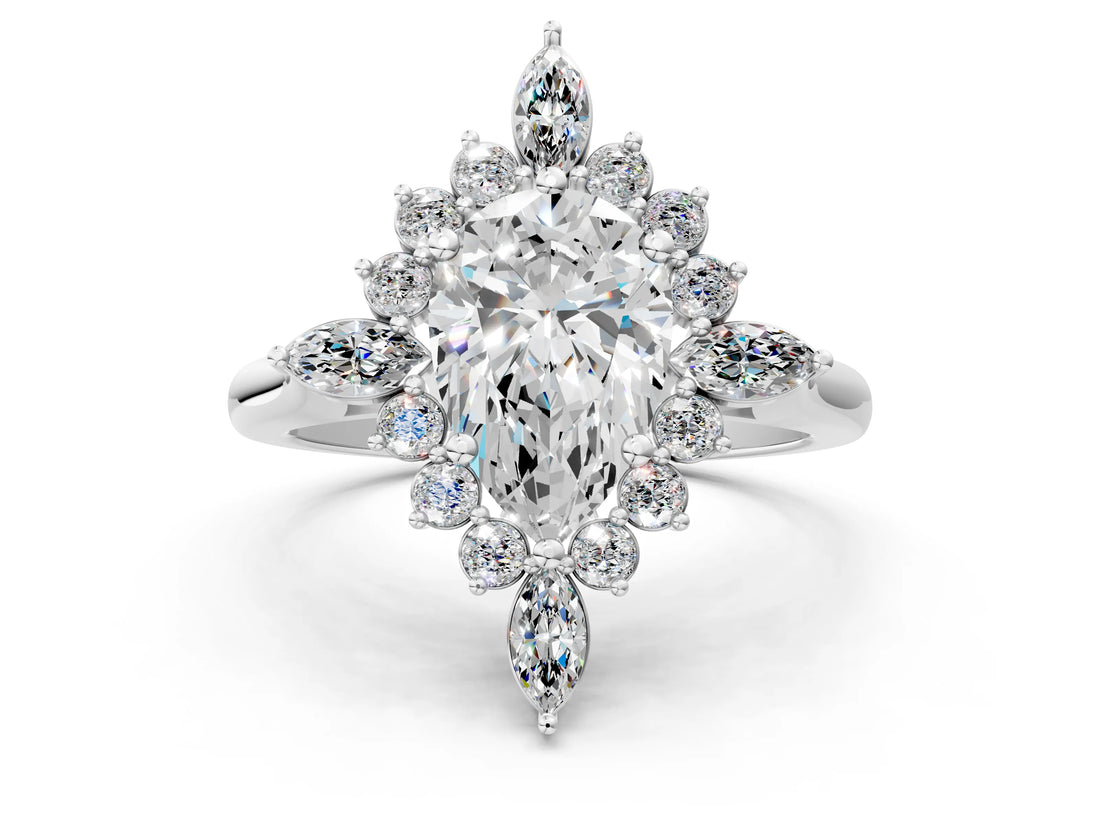 Platinum Pear Cut Halo Diamond Cluster Ring with Marquise and Round Stones on a White Gold Band with Prong Setting_13