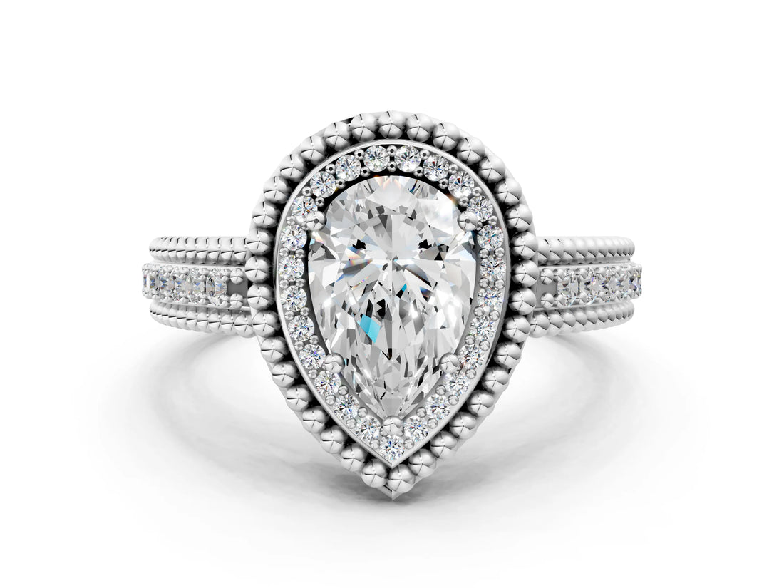 Platinum Pear Cut Halo Diamond Ring with Beaded Split Shank and Four-Prong Setting_13