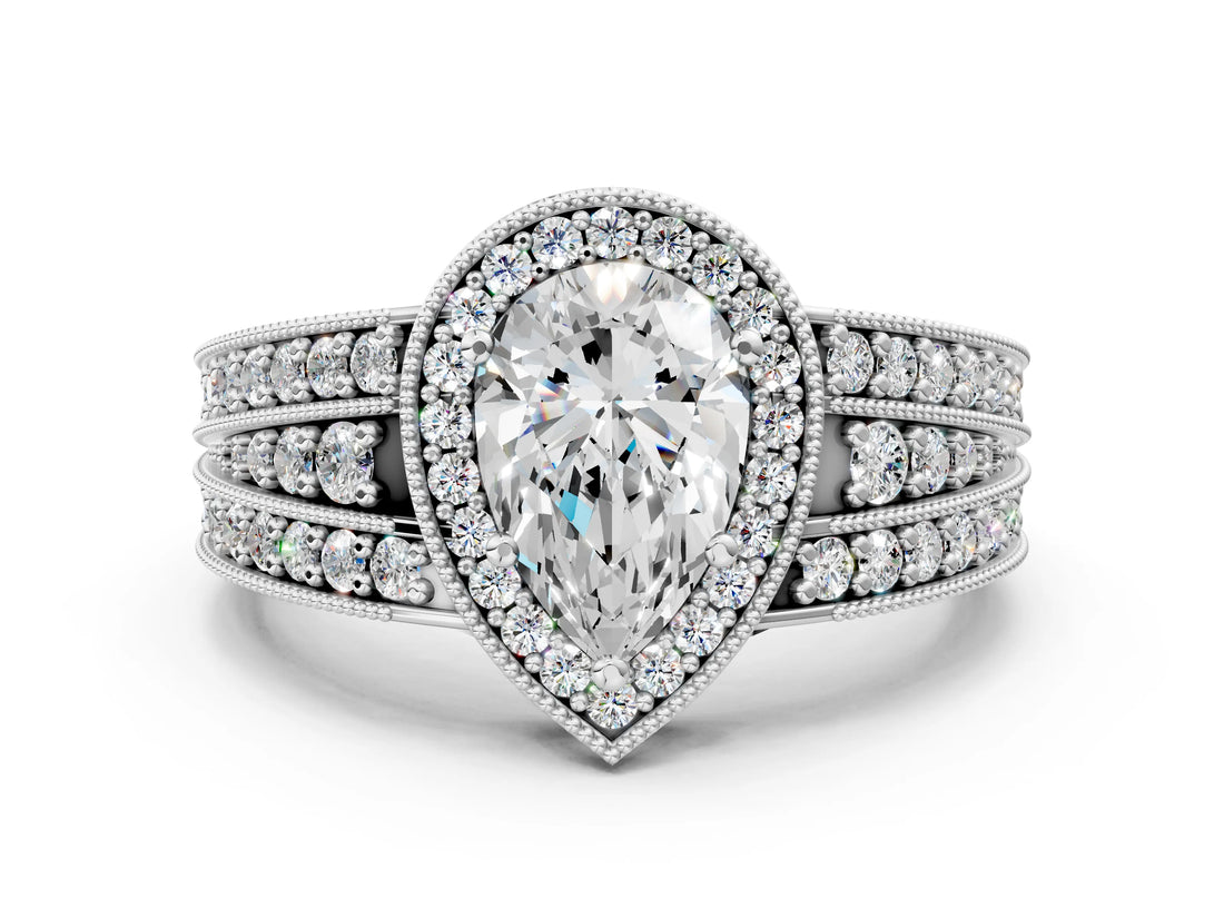 Platinum Pear Cut Halo Diamond Split Shank Ring with Prong Setting_7