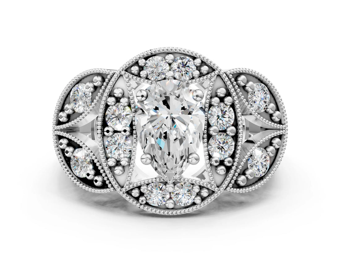 Platinum Pear Cut Halo Milgrain Diamond Engagement Ring with Leaf Band and Four-Prong Setting_7