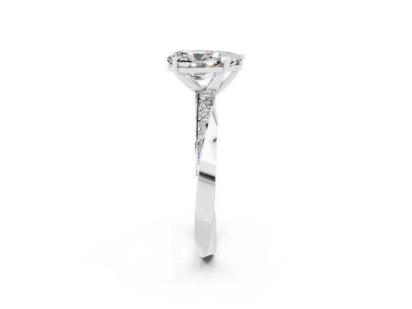 Platinum Pear Cut Moissanite Engagement Ring with Side Stone Accents and Four-Prong Setting