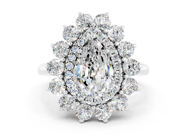 Platinum Pear Cut Moissanite Floral Double Halo Engagement Ring with Prong Setting