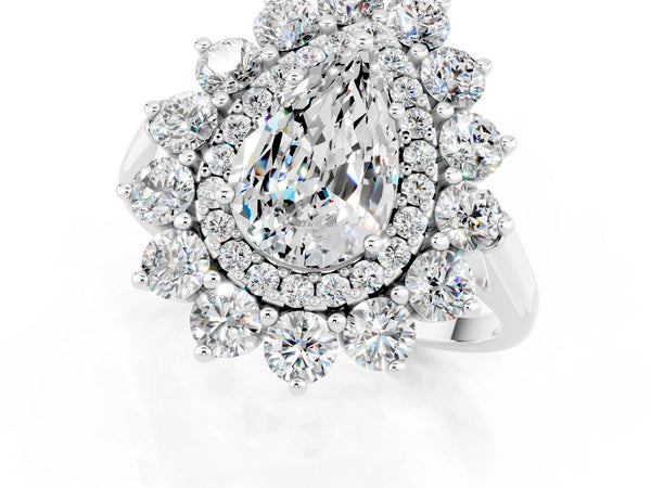 Platinum Pear Cut Moissanite Floral Double Halo Engagement Ring with Prong Setting