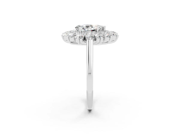 Platinum Pear Cut Moissanite Floral Double Halo Engagement Ring with Prong Setting