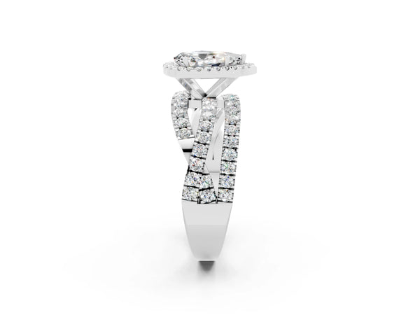 Platinum Pear Cut Moissanite Halo Ring with Round Split Shank and Prong Setting