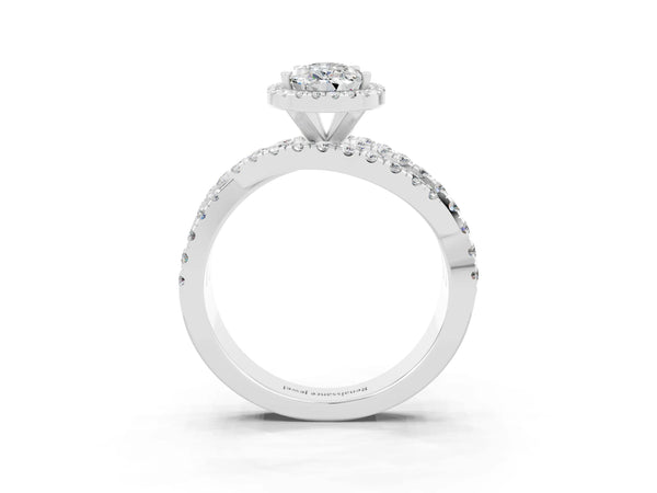 Platinum Pear Cut Moissanite Halo Ring with Round Split Shank and Prong Setting