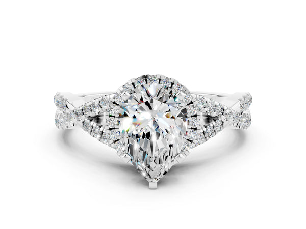 Platinum Pear Cut Moissanite  Halo Twist Band Solitaire Prong Setting Ring