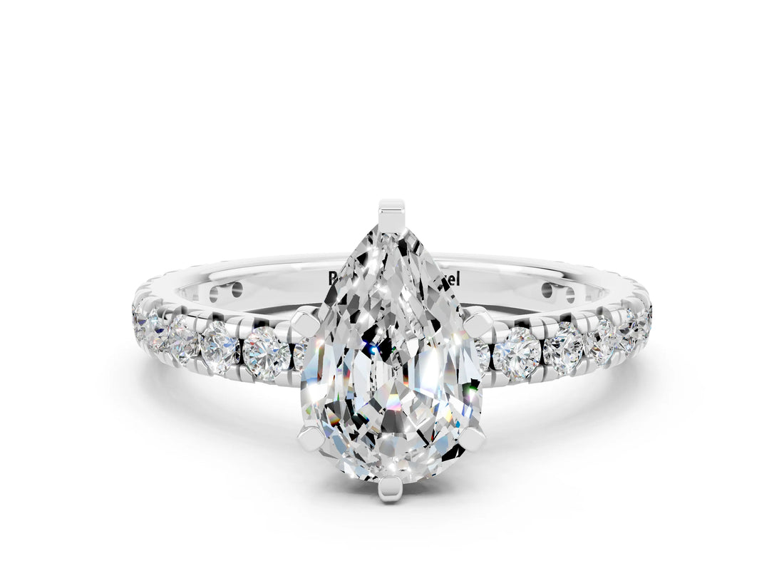 Platinum Pear Cut Moissanite Pavé Solitaire Ring with Round Band and Prong Setting_42