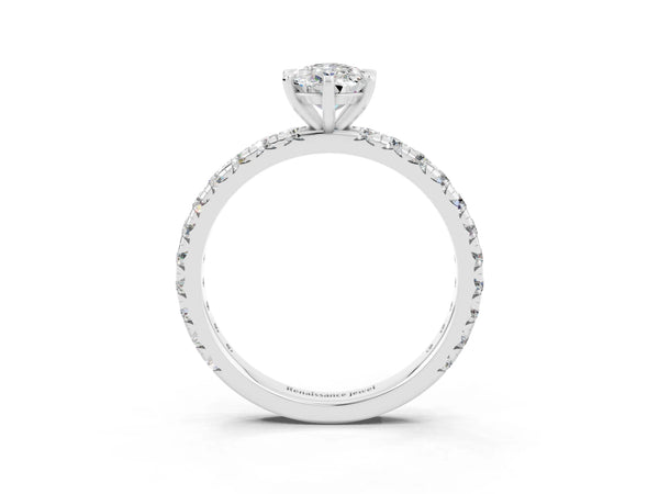 Platinum Pear Cut Moissanite Pavé Solitaire Ring with Round Band and Prong Setting
