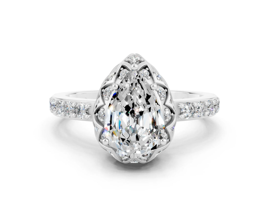 Platinum Pear Cut Moissanite Scalloped Halo Engagement Ring with Round Shared Prong Band_54